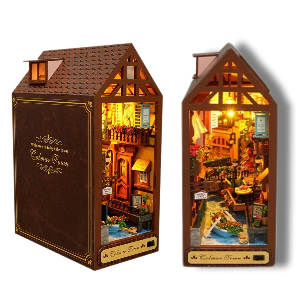 ชุดทำเอง 2-in-1 บ้านตุ๊กตาและมุมอ่านหนังสือไม้ OUZEY - ชุดประกอบโมเดลพร้อมไฟ LED ของตกแต่งบ้าน ของขวัญประกอบเอง