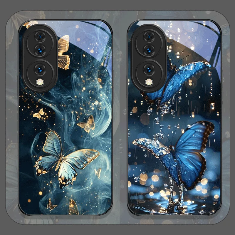 Étui de téléphone en verre trempé imprimé avec un motif de papillon bleu luxueux pour Huawei Nova 13 12 11 10 SE Mate 70 60 Pro+ P60 P50 P40