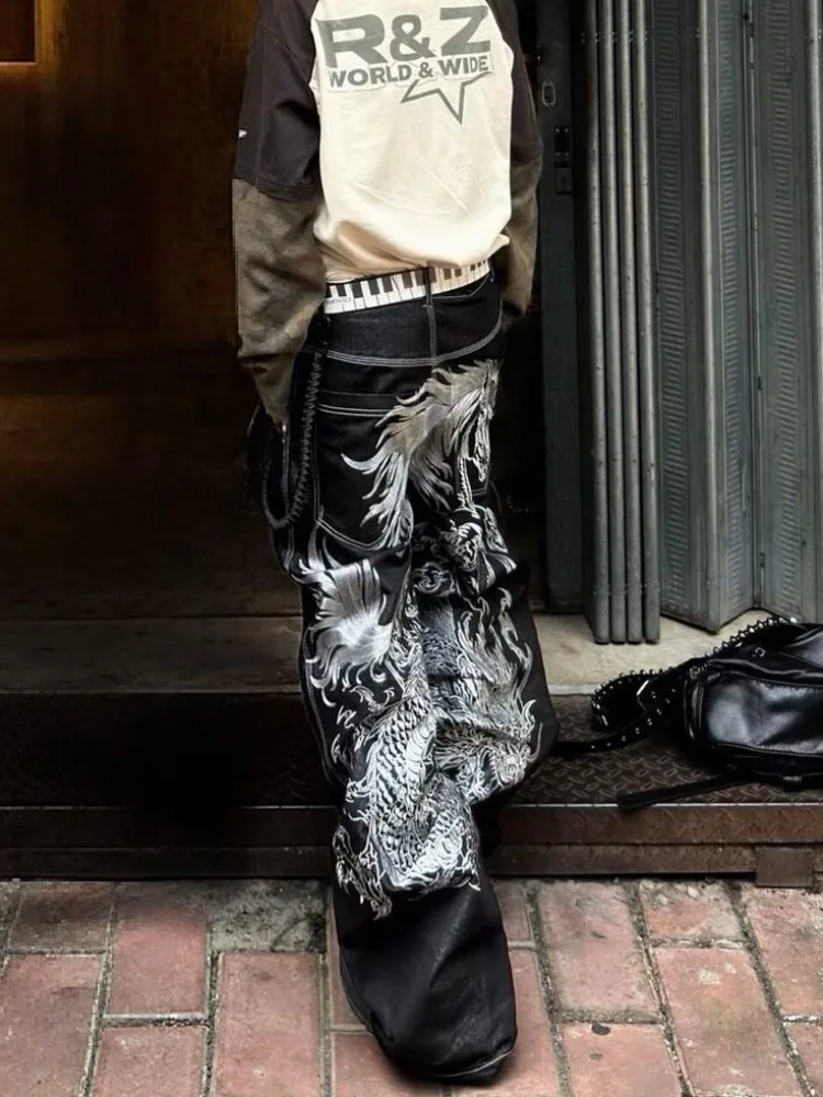 Y2K Vintage Streetwear High Waist Wide Leg Baggy Jeans Women Washed Dragon Embroidery Loose Fit Slimming Plus Size Denim Pants