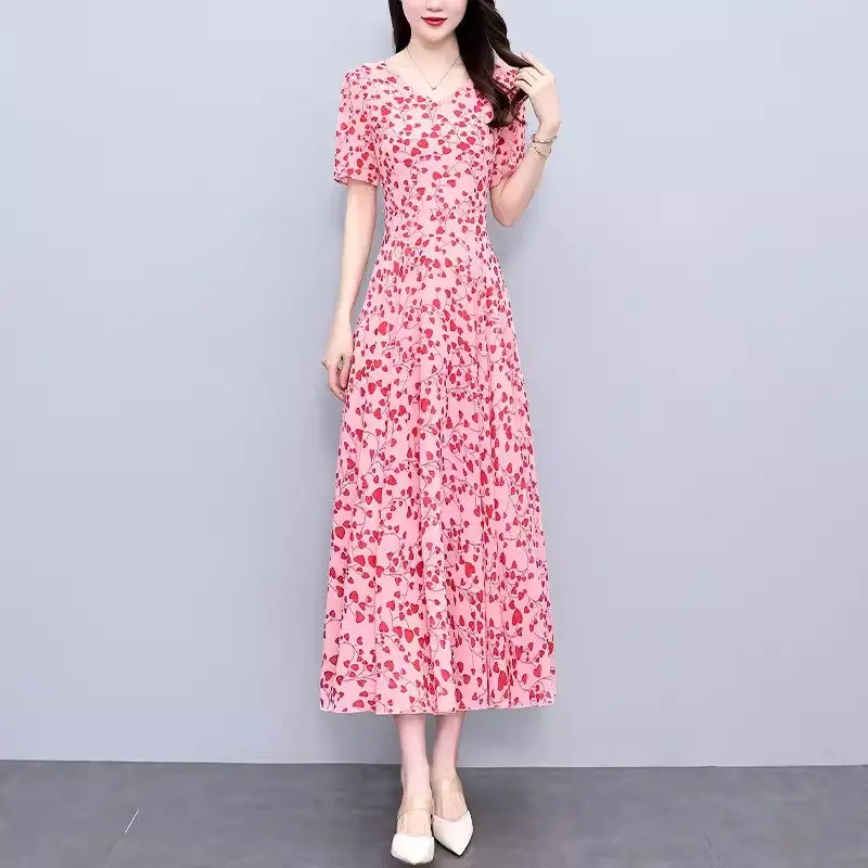 Chiffon Dress 2024 Fashion Short Sleeve New Women's Summer Waist Slimming And Elegance Tea Break French Design Long Dress K545