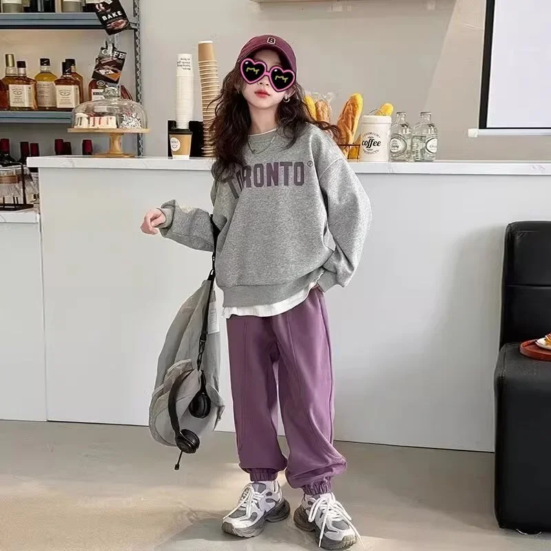 2025 الخريف الشتاء فتاة القماش خطابات مقنعين فضفاض البلوز تي شيرت أعلى + الكاحل تعادل بانت المراهقين الطفل مجموعة 4 8 9 10 12 15 سنة #1