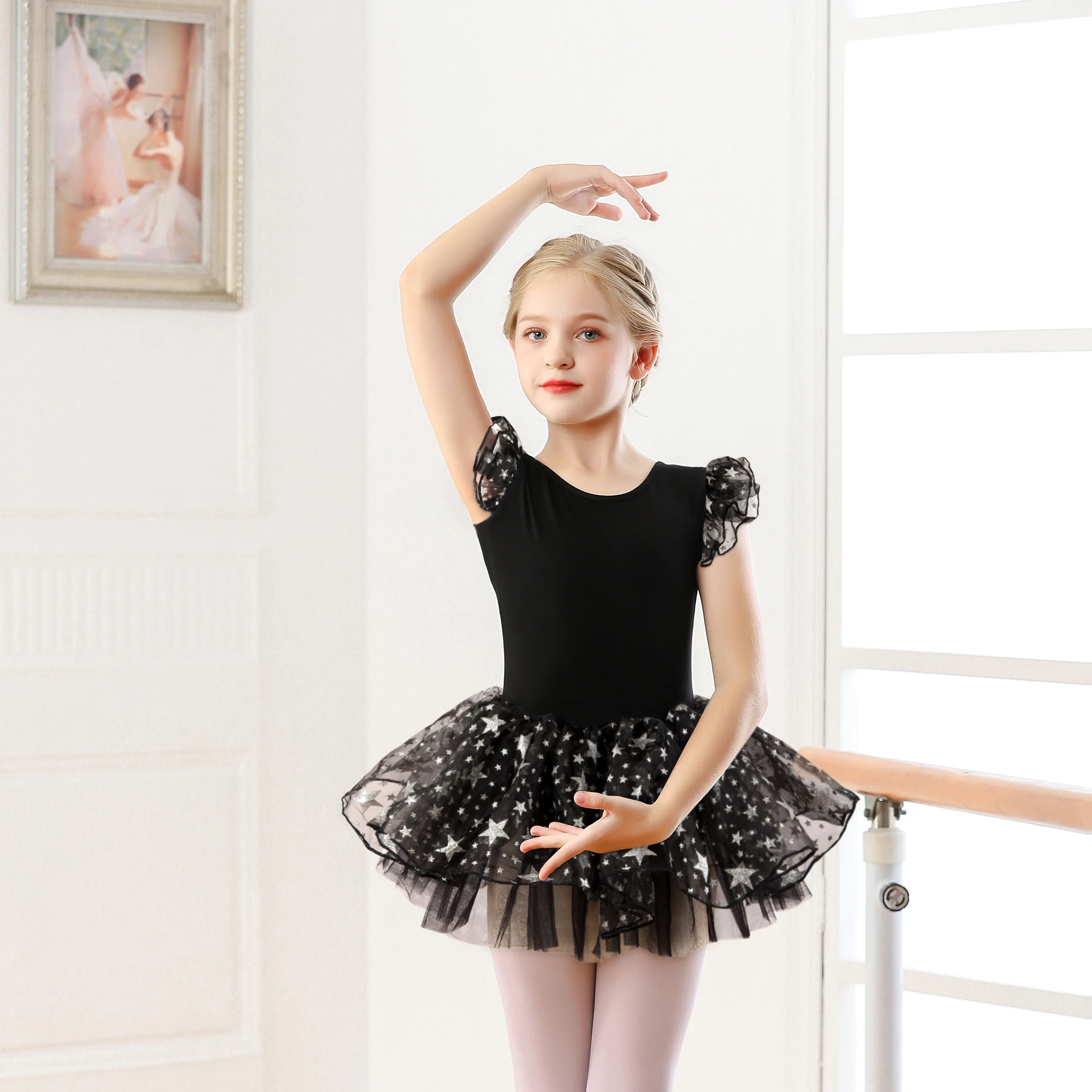 Girls Ballet Tutu Leotard Ruffle Sleeve Shiny Star Print Dance Dress (Toddler/Little Girl/Big Girl)