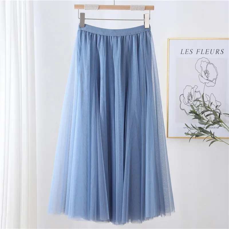 Hot Women Mesh Elastic Tutu Skirt Beach Spring Summer Korean High Waist Fashion Pleated Long Skirt Black White Tulle Skirts