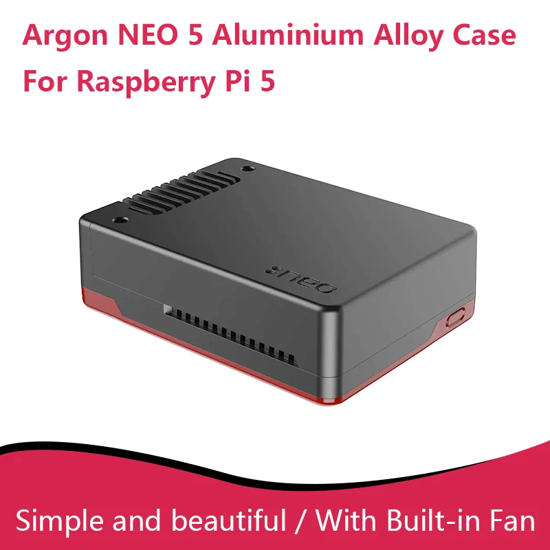 Raspberry Pi 5 Aluminum Alloy Case, Black & Red, with Built-in Cooling Fan, Passive & Active Cooling Enclosure