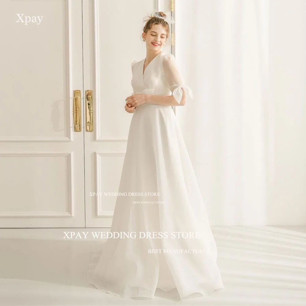 XPAY Simple V Neck Korea Wedding Dresses For Women Photos Shoot Half Sleeve Organza Bride Dress Corset Custom Size Bridal Gown