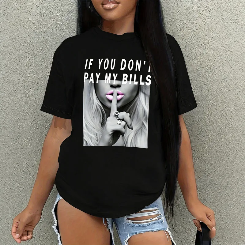 Casual Quote And Silent Gesture Print Short Sleeve Cotton T-Shirt Women's Fashion Trendy  Cool Style Casual Wear Slogan & Lips
