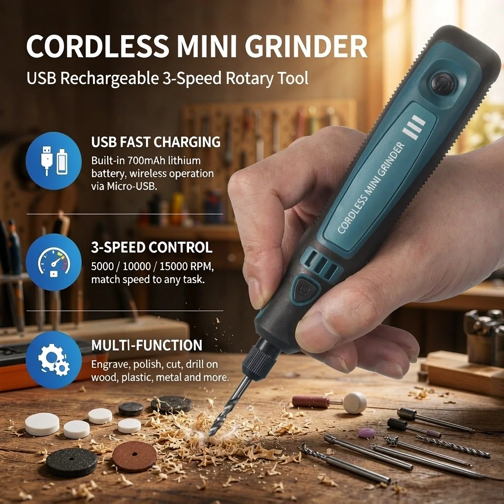 Cordless Electric Grinder USB Portable Carving Tool Set 1/15/50PCS Jade Polishing DIY Projects Rotary Engraver for Wood Stone Glass Jewelry Craft Home Tool