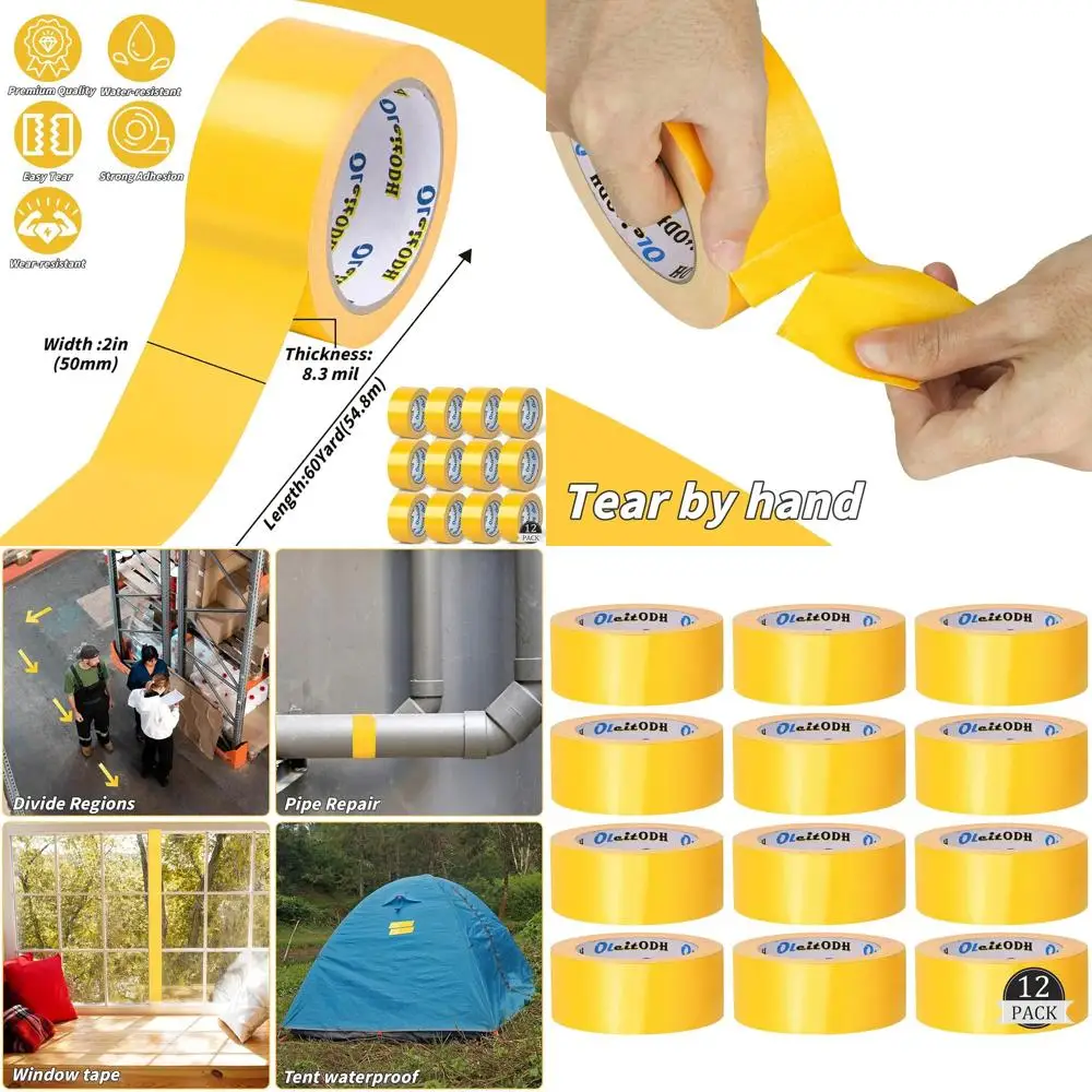 

Heavy-Duty 12-Pack Yellow Duct Tape, 8.3 Mil, 2in x 60yds, Industrial Strength, Waterproof, Tearable, Multi-Purpose Repairs