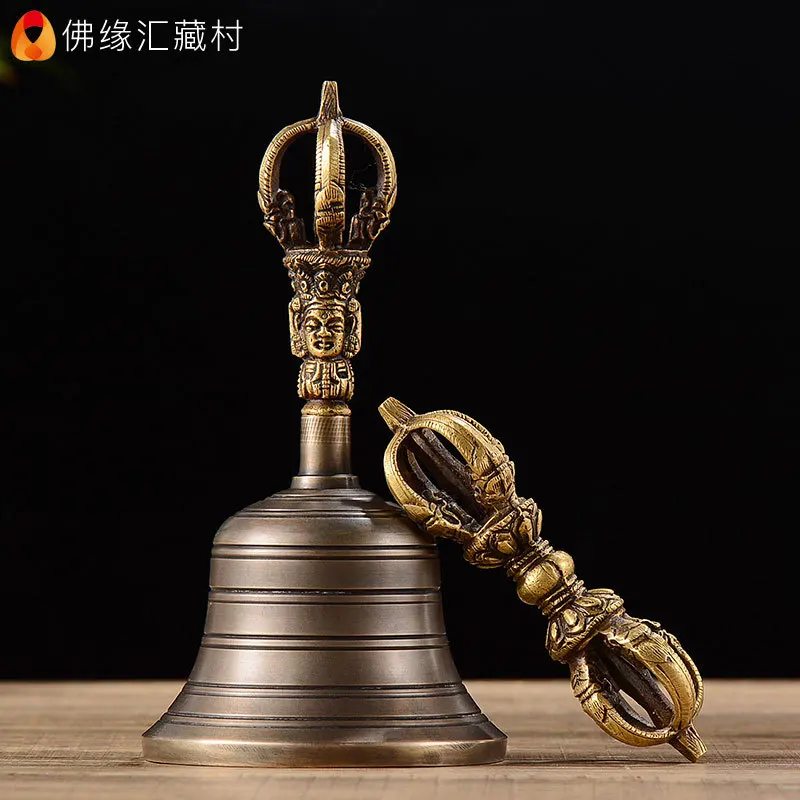 Buddhist Offering Set: Five-Pronged , Bronze , Vajra Bell and Chime, Household Worship Supplies, Bro