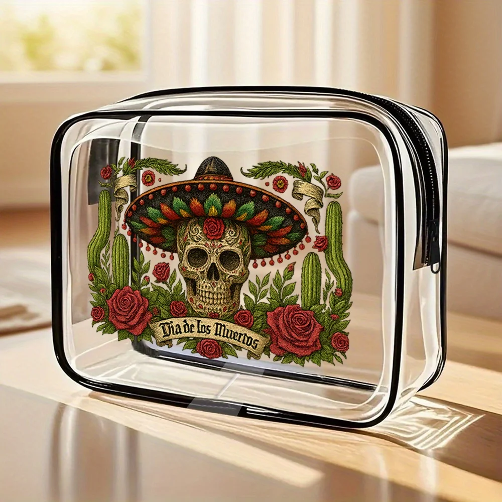 Durchsichtiger Kulturbeutel mit Dia de los Muertos-Design – süßer Reise-Make-up-Organizer