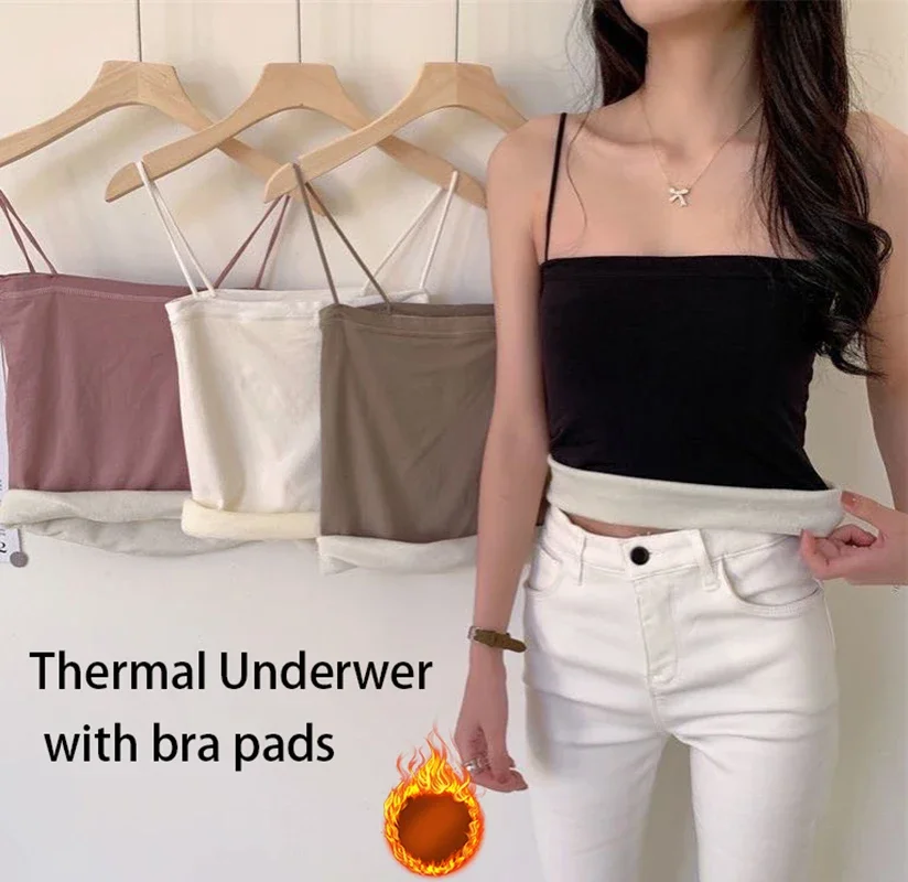 เสื้อกล้ามกำมะหยี่หนาสำหรับผู้หญิงใส่ในฤดูหนาวเสื้อชั้นในสายเดี่ยวทรงสลิมอบอุ่นมีเสื้อแขนกุดซับในสำหรับชุดลองจอน