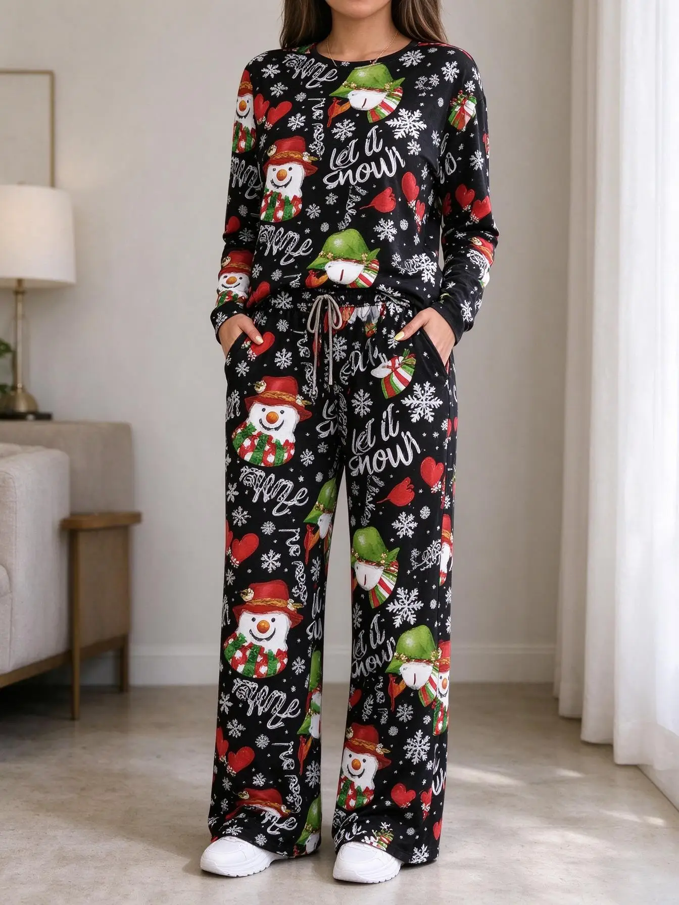 Women Imitation Cotton Loungewear Set Christmas Full Print Snowman Gnome Snowflake Heart Long Sleeve Pajamas