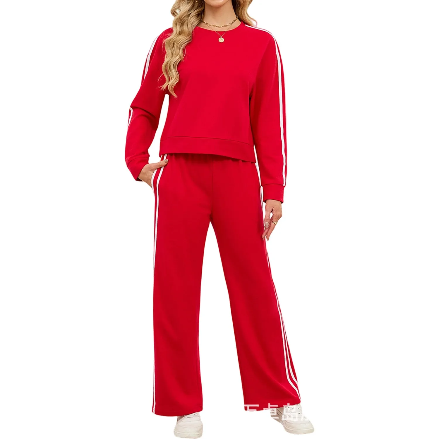 Women's Matching 2-Piece Long Sleeve Striped Sweatshirt with Pocket Round Neck Ribbon Trim Cotton Blend Casual Fall Winter Set