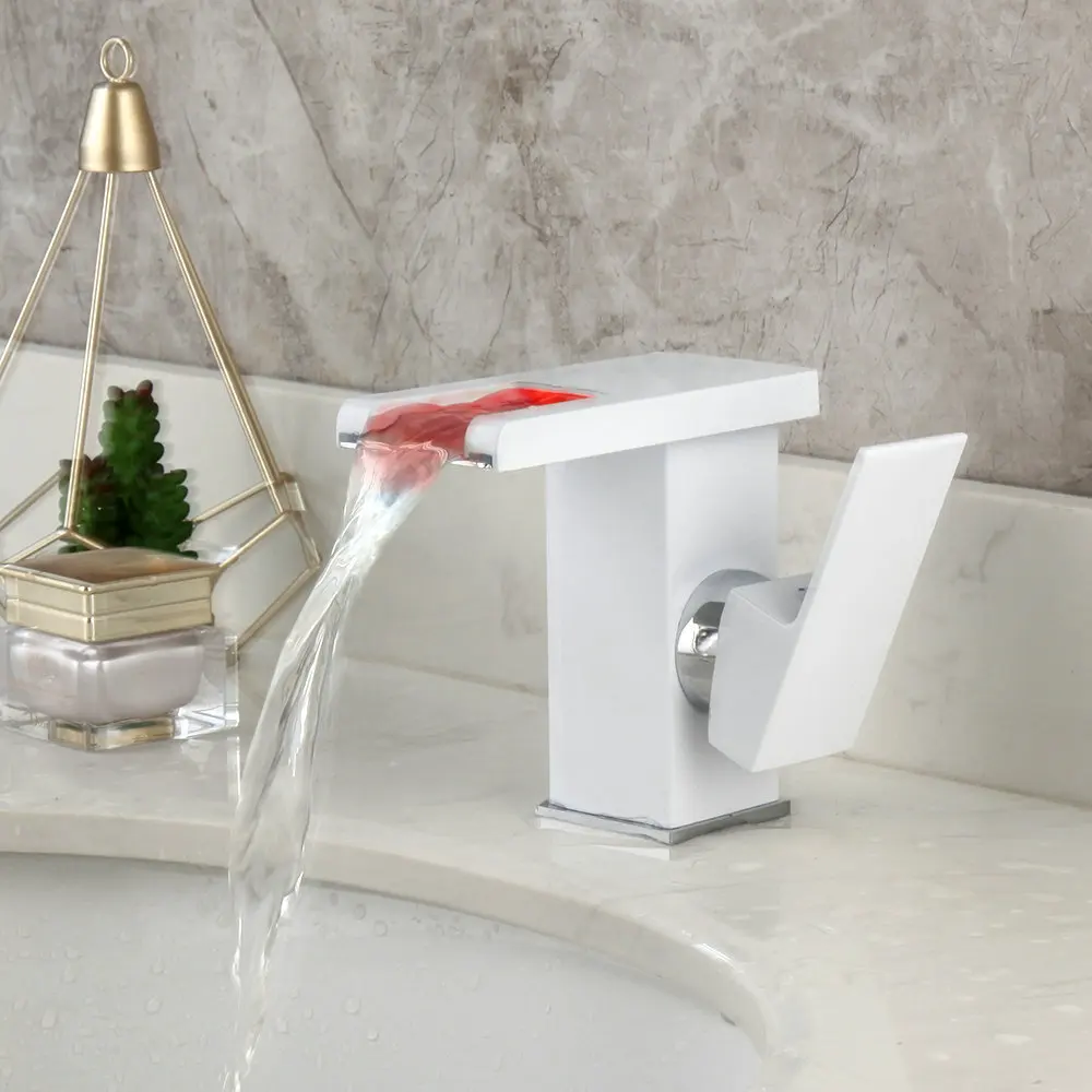 JIENI LED Waterfall Bathroom Basin Faucet Wash Sink Mixer Tap Faucet White & Black Deck Mount Solid Brass Water Power Basin Tap