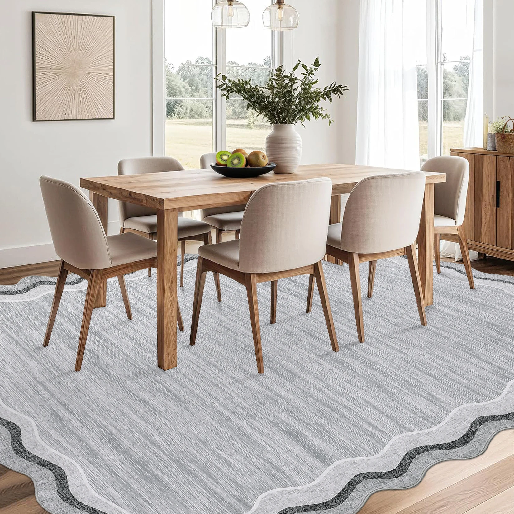 Scalloped Area Rugs Washable Modern Accent Rug, Stain-Resistant Foldable Floor Mat with Non-Slip Backing, Contemporary Low Pile Indoor Carpet for Bedroom, Living Room, Gray
