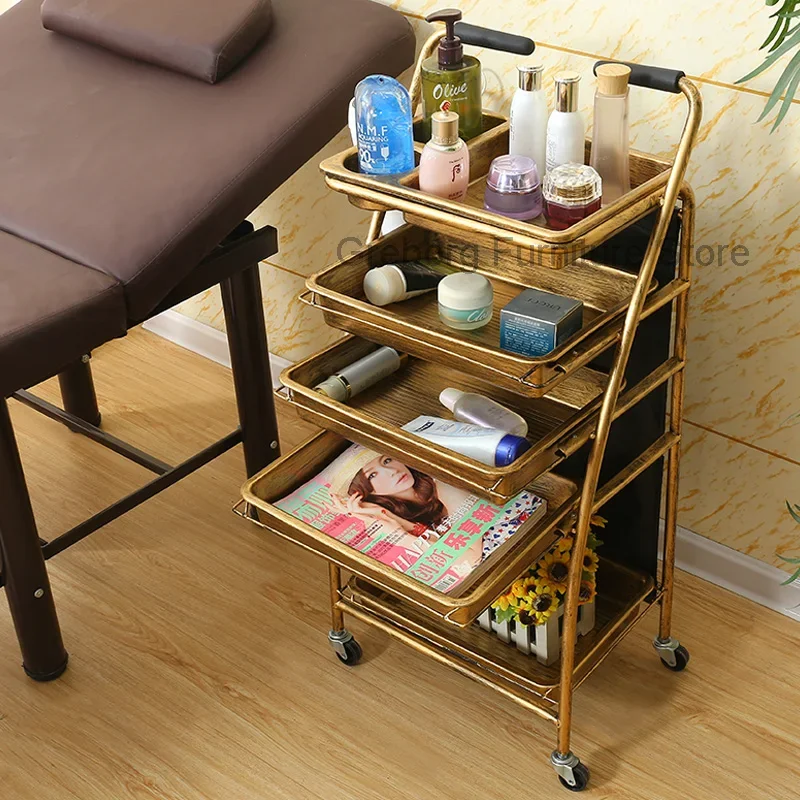 

Metal Hair Salon Station Trolley Welding Golden Storage Barber Hospital Salon Trolley Lashes Carrello Con Ruote Furniture ZT50ST