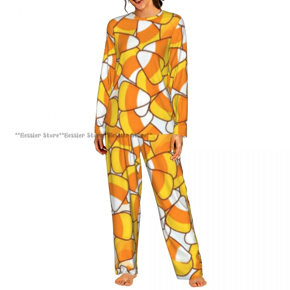 Women Casual Round Neck 2PCS Sleepwear Set Long Sleeve Shirt & Long Pants Candy Corn Daily Home Loungewear