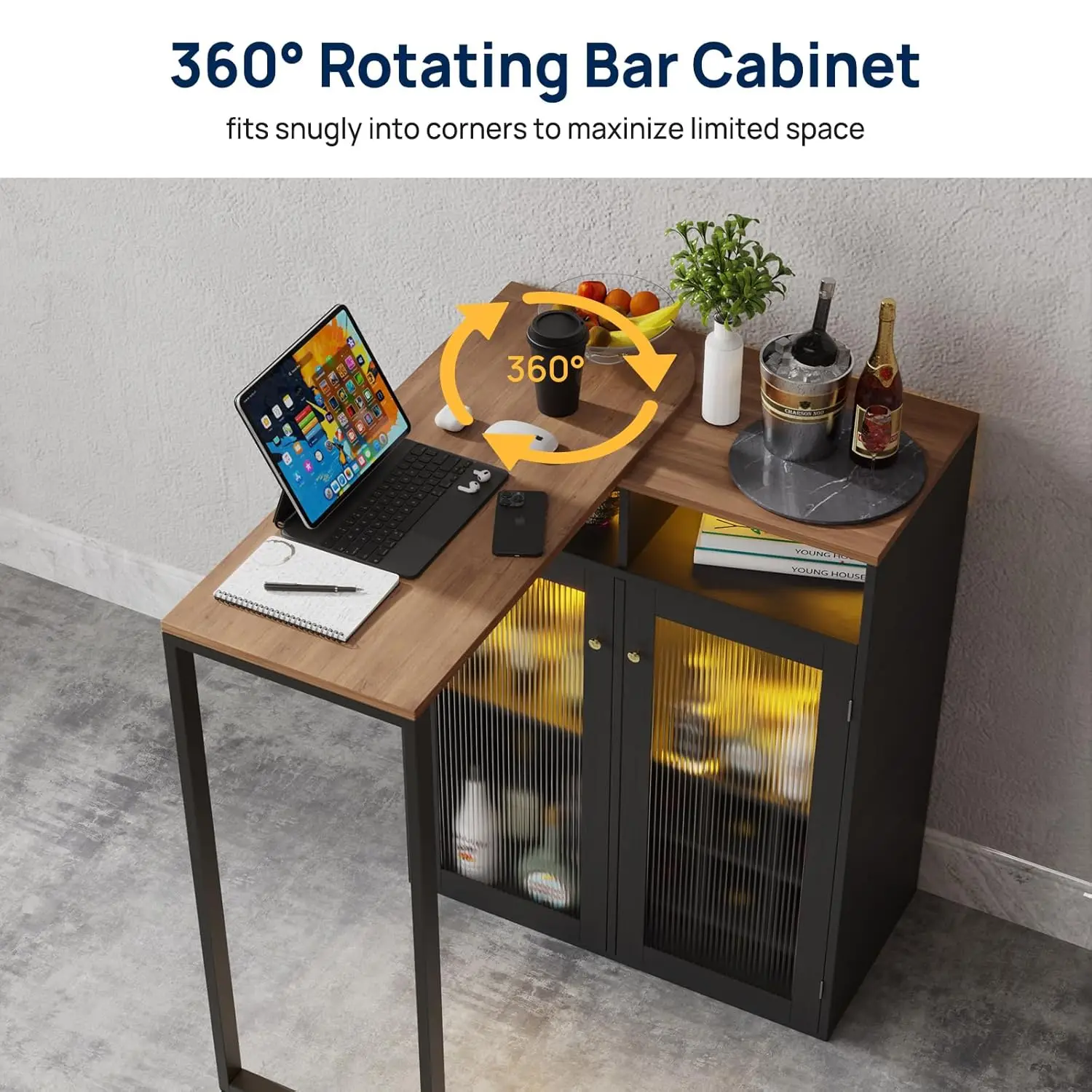 Lemari Bar Dengan Penyimpanan Untuk Rumah, 360 °   Lemari Anggur Berputar, Meja Bar LED Dengan Rak Anggur & Tempat Gelas Dilengkapi Stopkontak