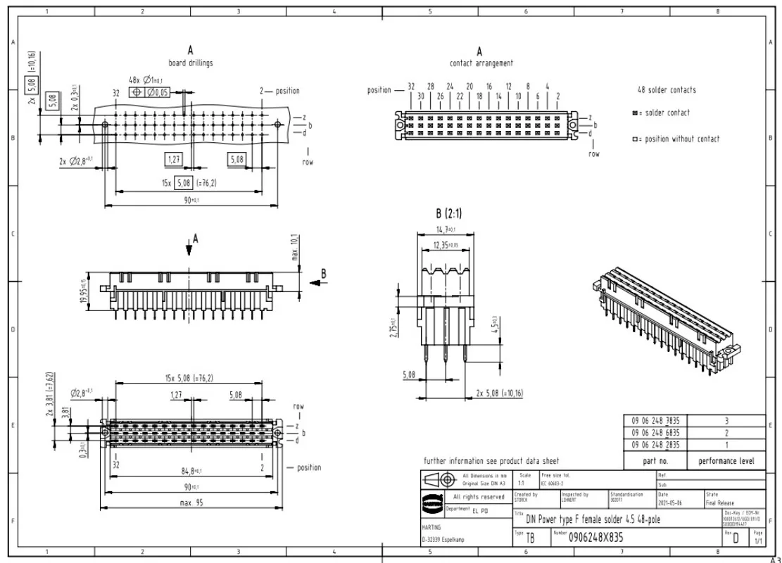 HARTING 09062486835 Straight To DIN 41612 Socket, Soldered Termination