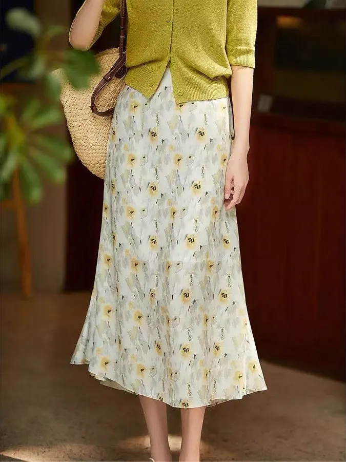 

Modern Retro Garden French Sle Printed A-Line Knee-Length f Skirt Faionable Commute Polyester Fiber Skirt