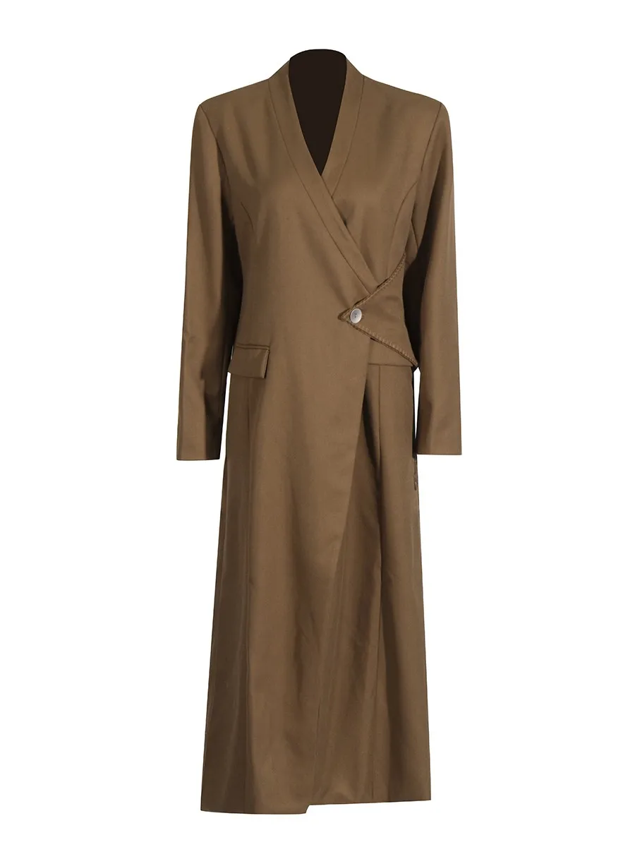 TWOTWINSTYLE موضة التخسيس تقسم زر الخنادق غير النظامية للنساء الخامس الرقبة طويلة الأكمام تصميم تحسس خندق الملابس النسائية