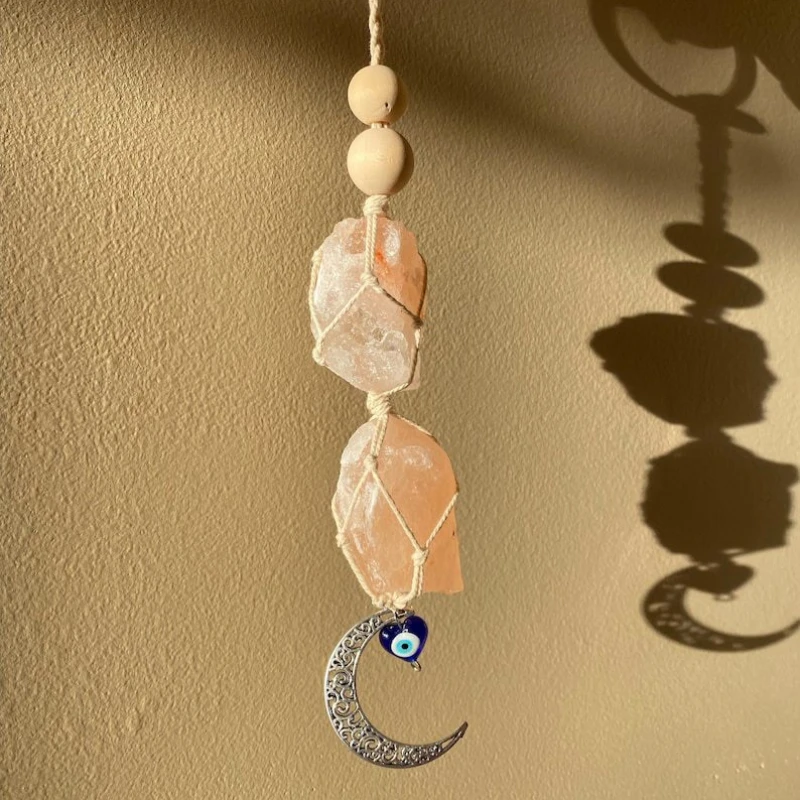 Handmade Cotton Woven Wall Decoration, Himalayan Salt Stone Healing Crystal Hanging Pendant, Home Decor Car Interior Decoration