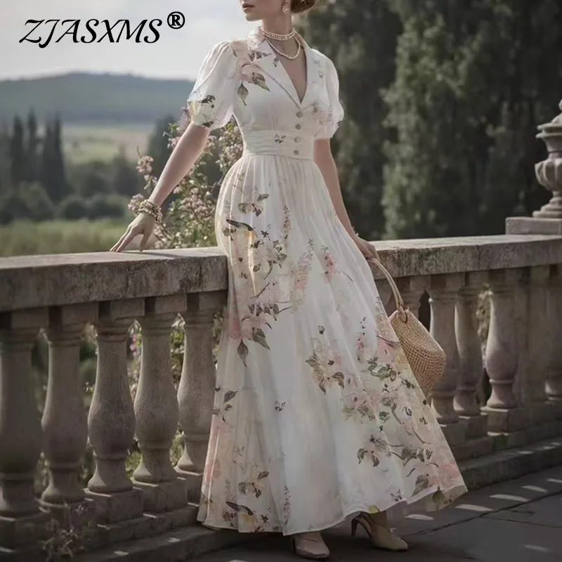 قصر نمط الأزهار طباعة خمر فستان طويل امرأة أنيقة الخامس الرقبة زر عالية الخصر فستان الحفلات فانوس كم الصيف فستان ماكسي