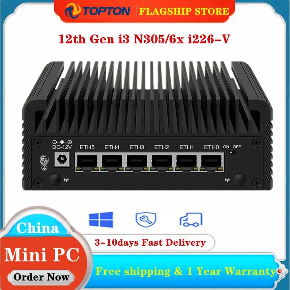 

12th Gen 6 LAN 2.5G Firewall Router Intel i3 N305 N100 6x i226-V Fanless Mini PC DDR5 2xHDMI2.1 USB3.2 Type-C pfSense Proxmox