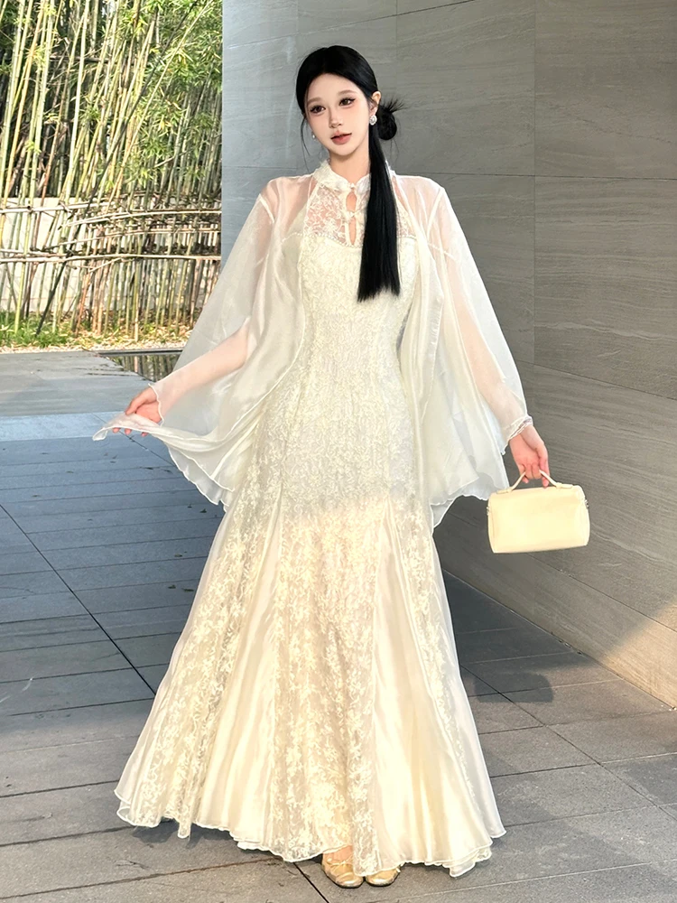 ReddaChic Chinese Cheongsam Shawl Women Set Sequin Glitter Lace Pearl Chain Bodycon Fishtail Maxi Long Dress Elegant Clothes