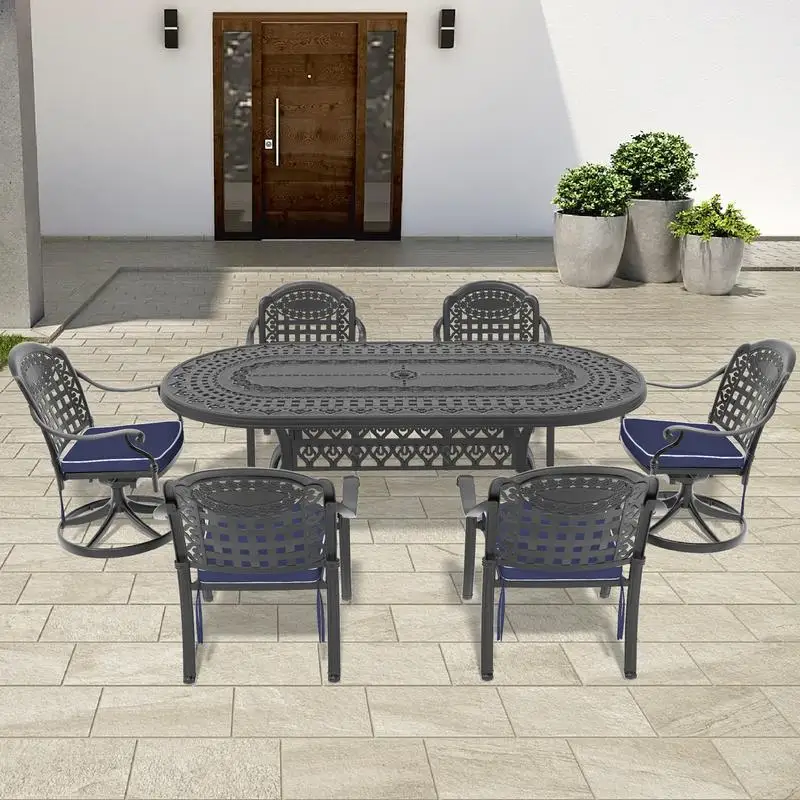 7-Piece All-Weather Cast Aluminum Dining Set with 2 Swivel Chairs, 4 Dining Chairs, and Oval Table, Black Frame