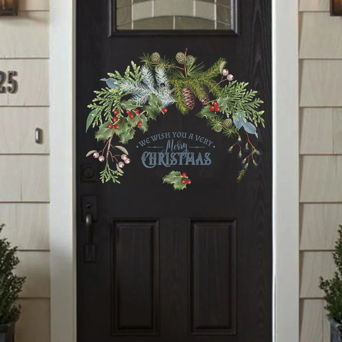 Pegatinas de pared navideñas con rama de piñas y pino verde para Año Nuevo - imagen 4