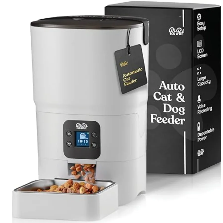 

Smart Automatic Cat Feeder - 6-L Reliable Automatic Cat Food Dispenser with Display LCD Screen for Easy Set Up - White