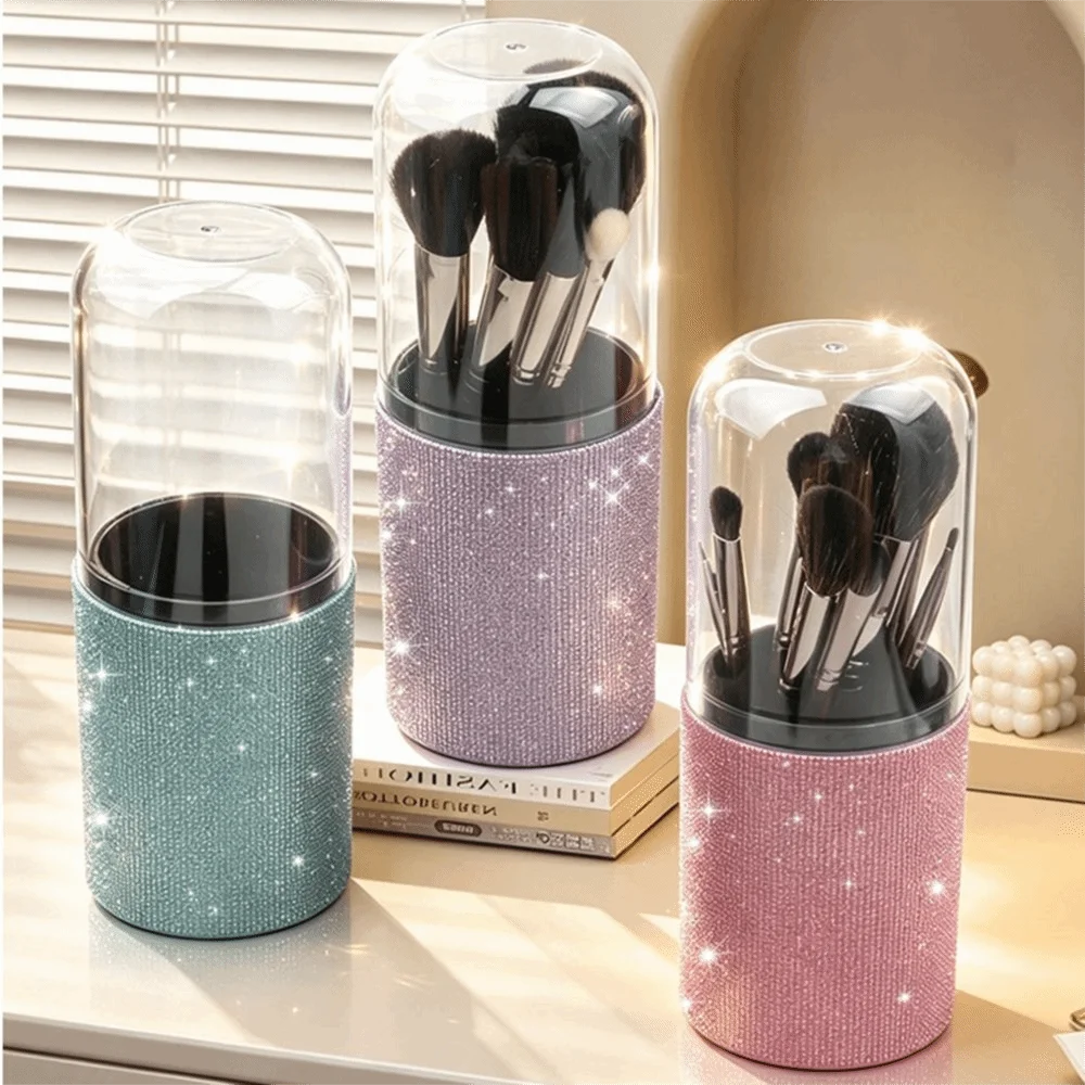 Rhinestone Makeup Brush Storage Bucket Portable Large Capacity Glitter Makeup Brush Holder Pen Holder Bling Makeup Storage Box
