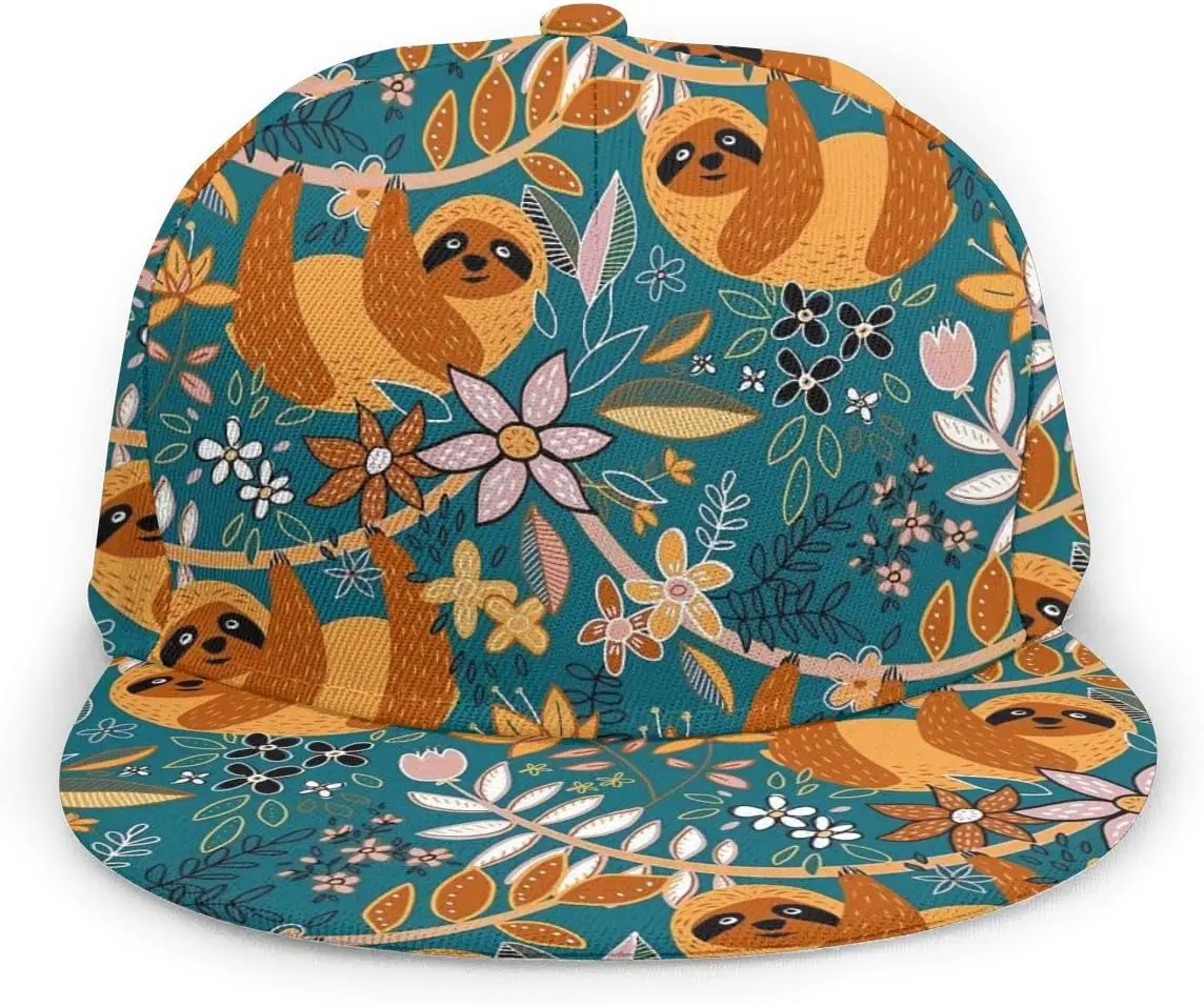 Happy Boho Sloth Floral Flat Bill Snapback Hat - Hip Hop Baseball Cap