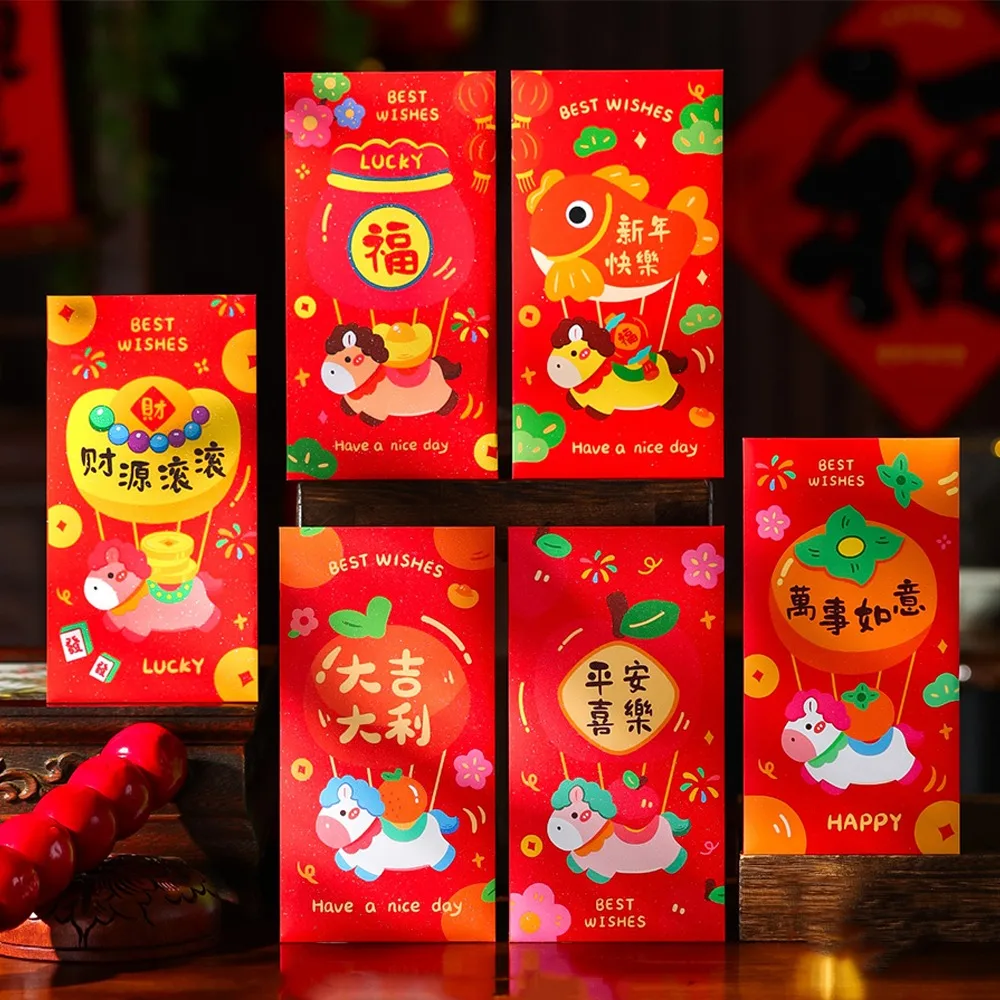 

6pcs 2026 Horse Year New Year Red Envelope Chinese Style Cartoon Spring Festival Envelope Paper Thickened Lucky Money Bag