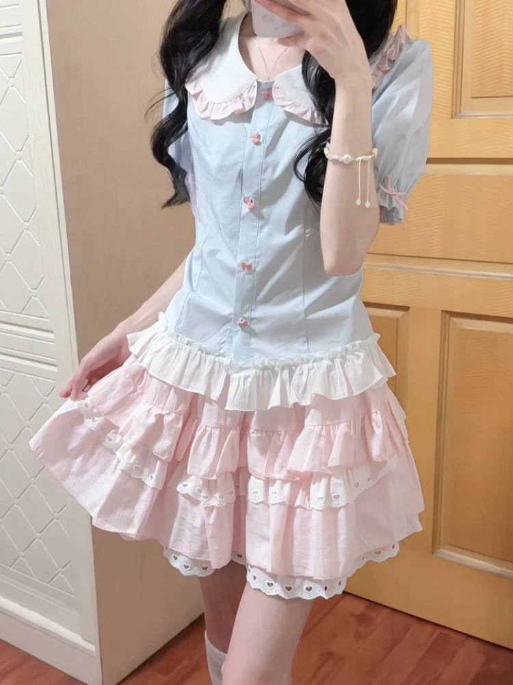 

Japanese Sweet Lace Patchwork Sets Female Short Sleeve Shirt Top + Cake Skirt Suit Y2k Cute Color Blocking Two-piece Set 2026
