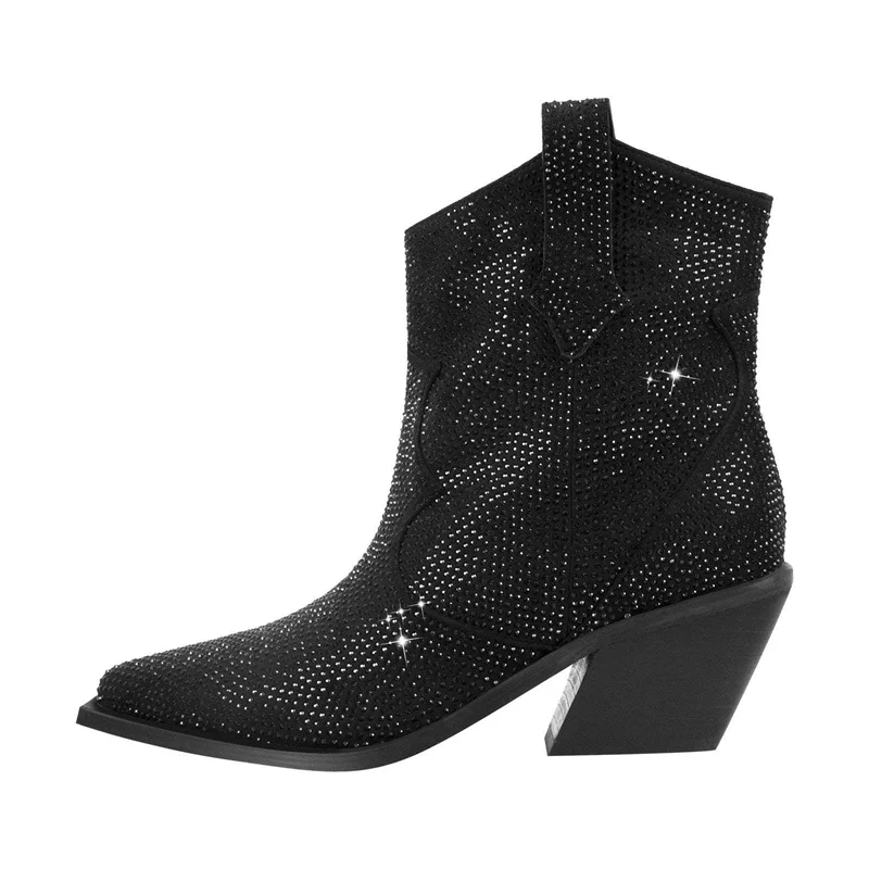 

Mid-calf Boots Full Botas Rhinestone Pointed Toe Chunky Heels Solid Zapatos Mujer Fashion Shoes Autumn Winter Elegant Versatile