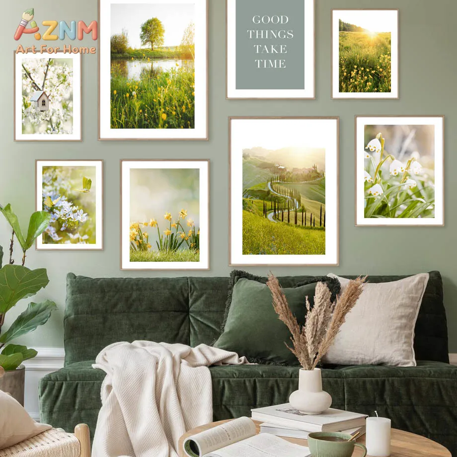 AZNM Toile murale vert printanier, paysage champêtre aux fleurs sauvages, texte inspirant, impression photo, peinture sur toile non encadrée pour