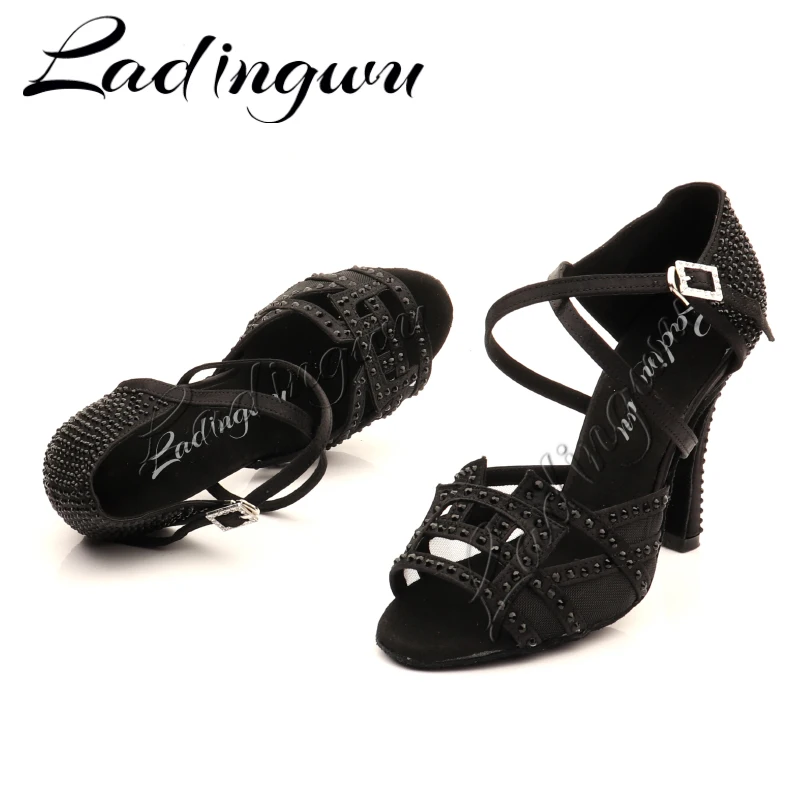 Ladingwu Dance Shoes Latin Women Rhinestone Salsa Shoes Dance Ballroom Party Profession Dance Shoes Women Heels 10cm Satin Black