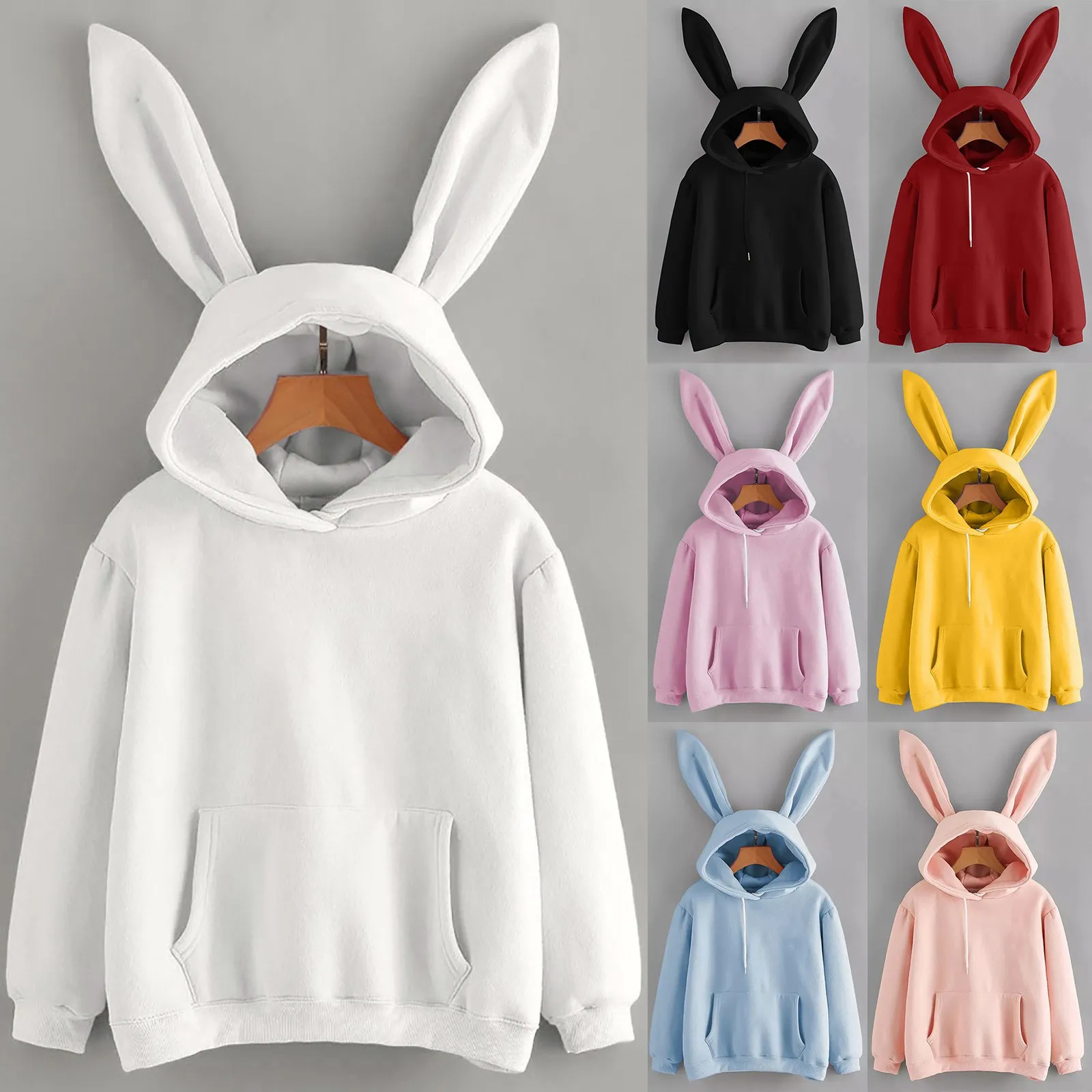 Basic Comfy น่ารักกระต่ายหู Hooded Sweatshirt สีทึบหลวม Casual Pullover เสื้อแขนยาวบาง Hoodie ผู้หญิง