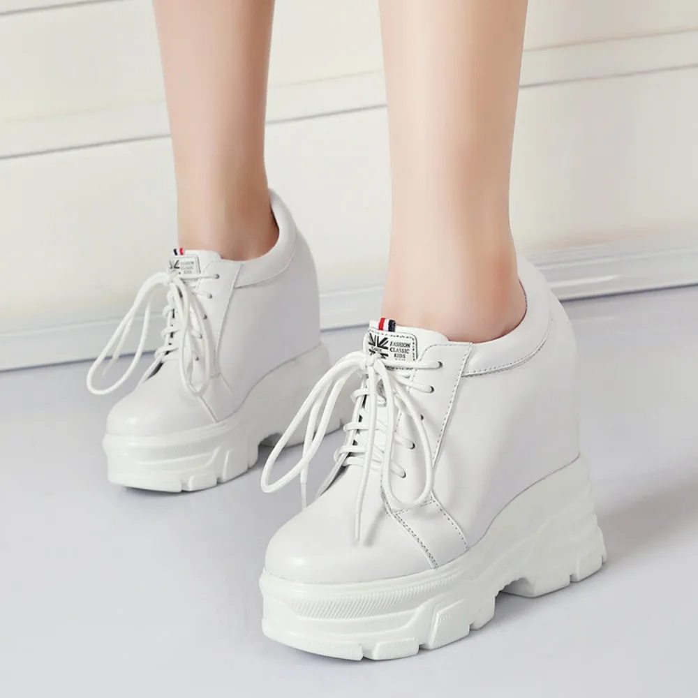 New Spring Autumn White Hidden Wedge Heels Casual Shoes Woman 12CM Platform Shoe Elevator High-heels Walking Sneakers Women 2024