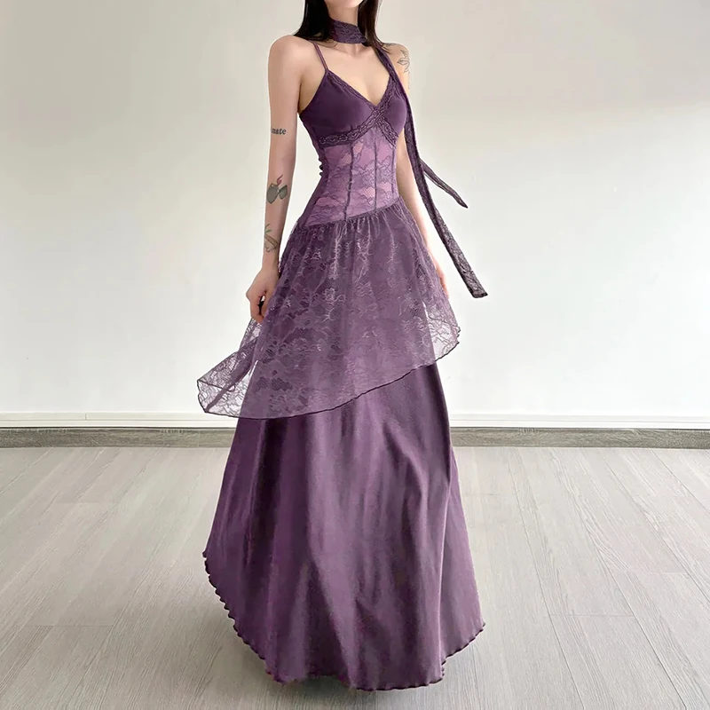 Abito da donna con scollo a barchetta in pizzo francese elegante stile Hepburn con giunture abito longuette Y2K streetwear abiti da vacanza per ragazze calde