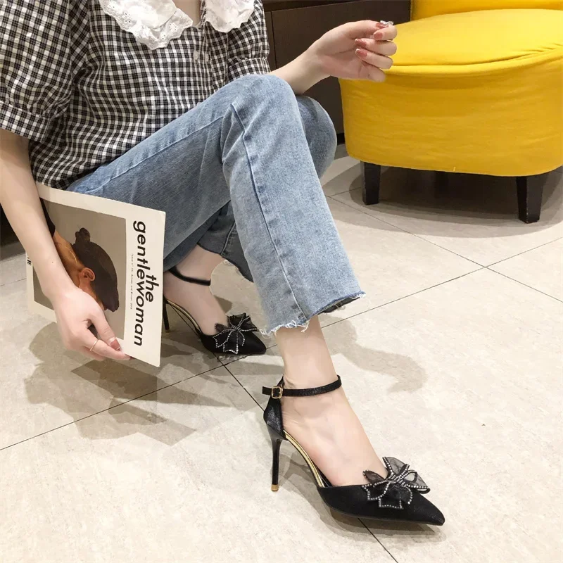 Elegant Silver High Heels Pumps Women 2024 Autumn Plus Size Ankle Straps Party Shoes Woman Pointed Toe Bowtie Wedding Shoes