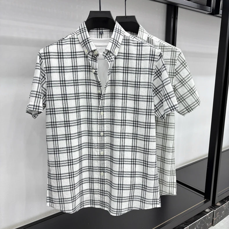 

2026 Summer Loose Cotton and Linen Casual Plaid Short-sleeved Shirt Men's Summer Lapel Loose Fashion Trend Shirt