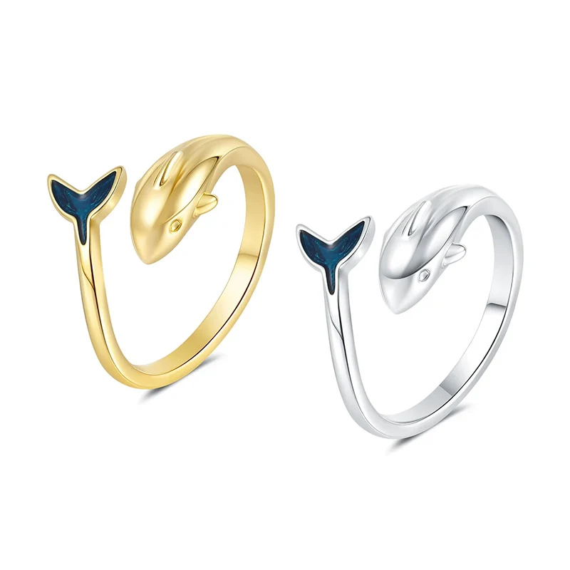 Korean Blue Fish Tail Dolphin Ring for Women's Sweet Temperament Ocean Style Jewelry Rings Chic Gift for Girlfriends KOFSAC