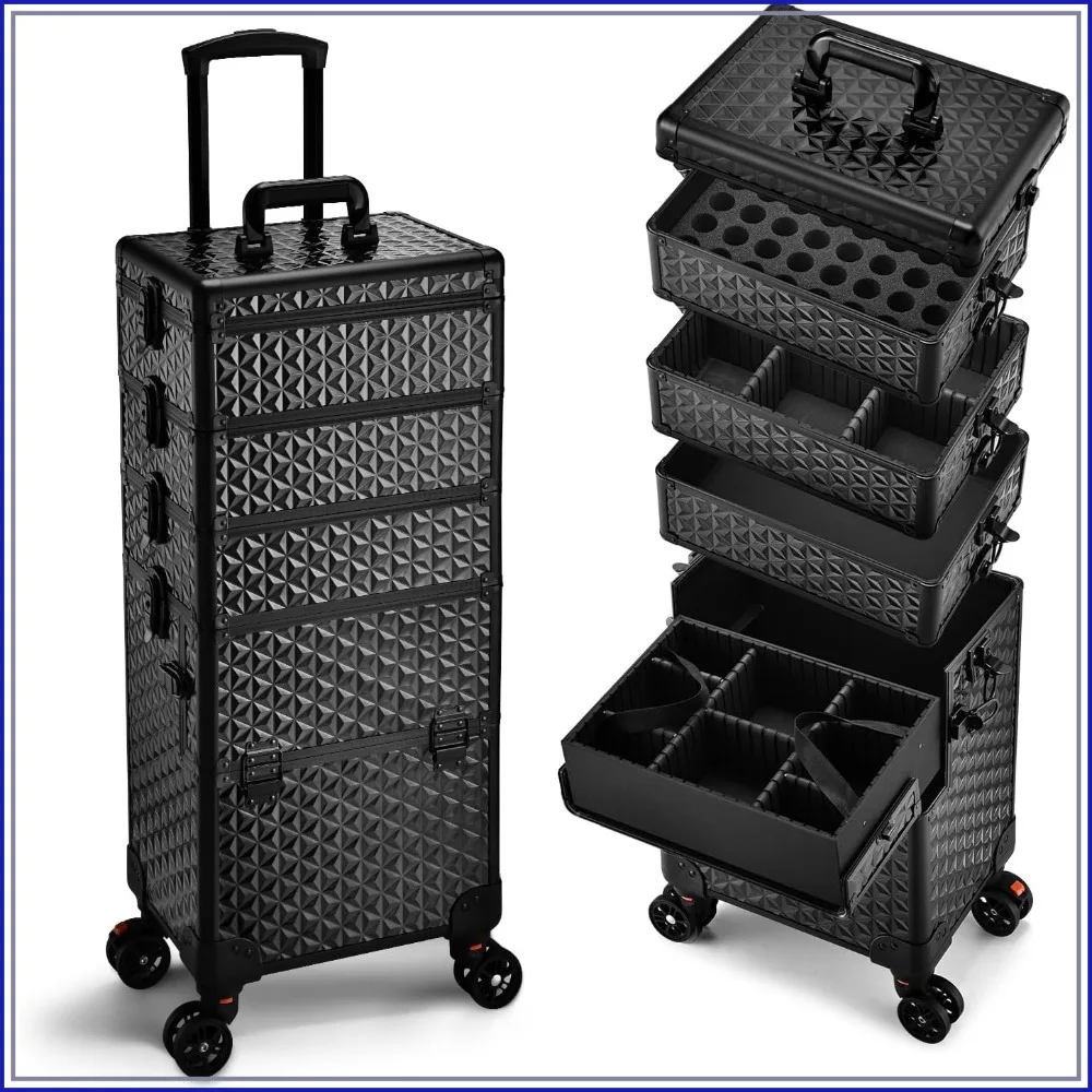 

5-in-1 Makeup Train Case on Wheels, Rolling Cosmetology Cart with 360° Swivel Wheels, Extra Large Cosmetic Storage Box, Travel Makeup Organizer
