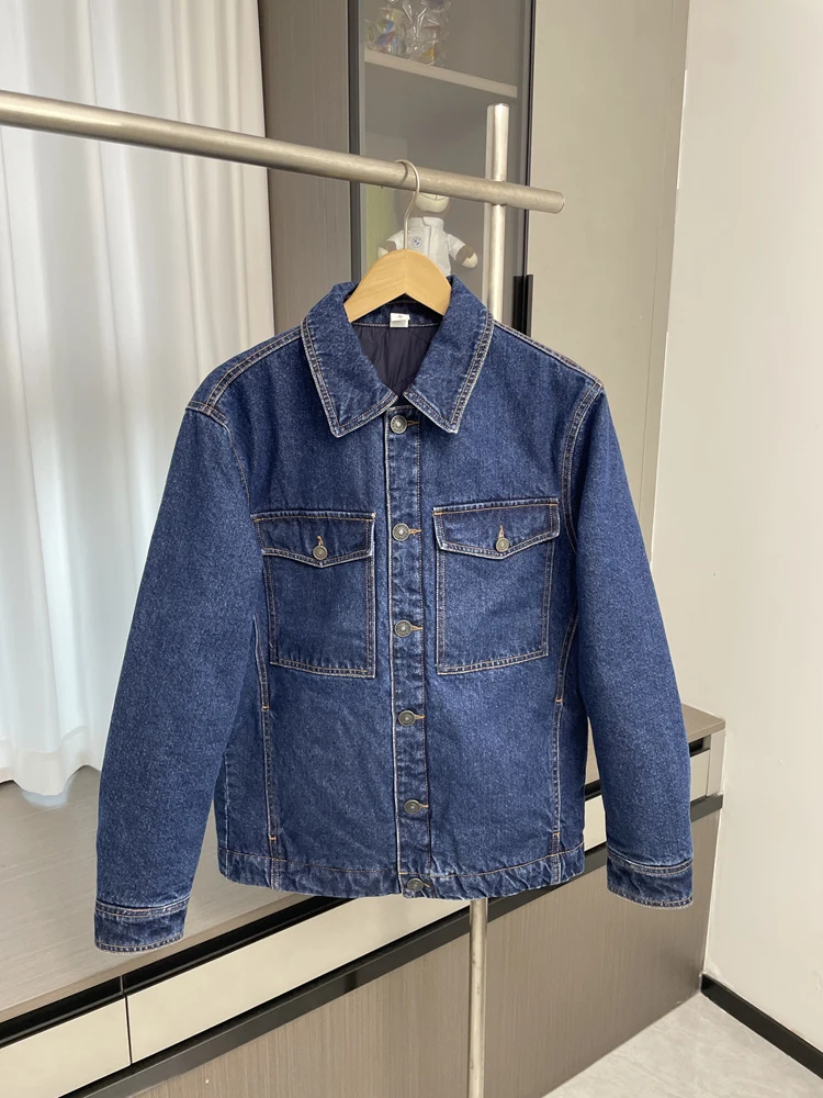 

Autumn Winter Cotton Denim Jacket For Men Lapel with Pocket Washed Blue Thicken Coat American Casual Fashion Retro Warm Overcoat