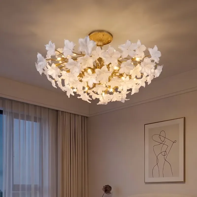 Handmade Flower Glass Chandelier Gold Aluminum Ceiling Lamp Living Room Bedroom Hanging Pendant Light