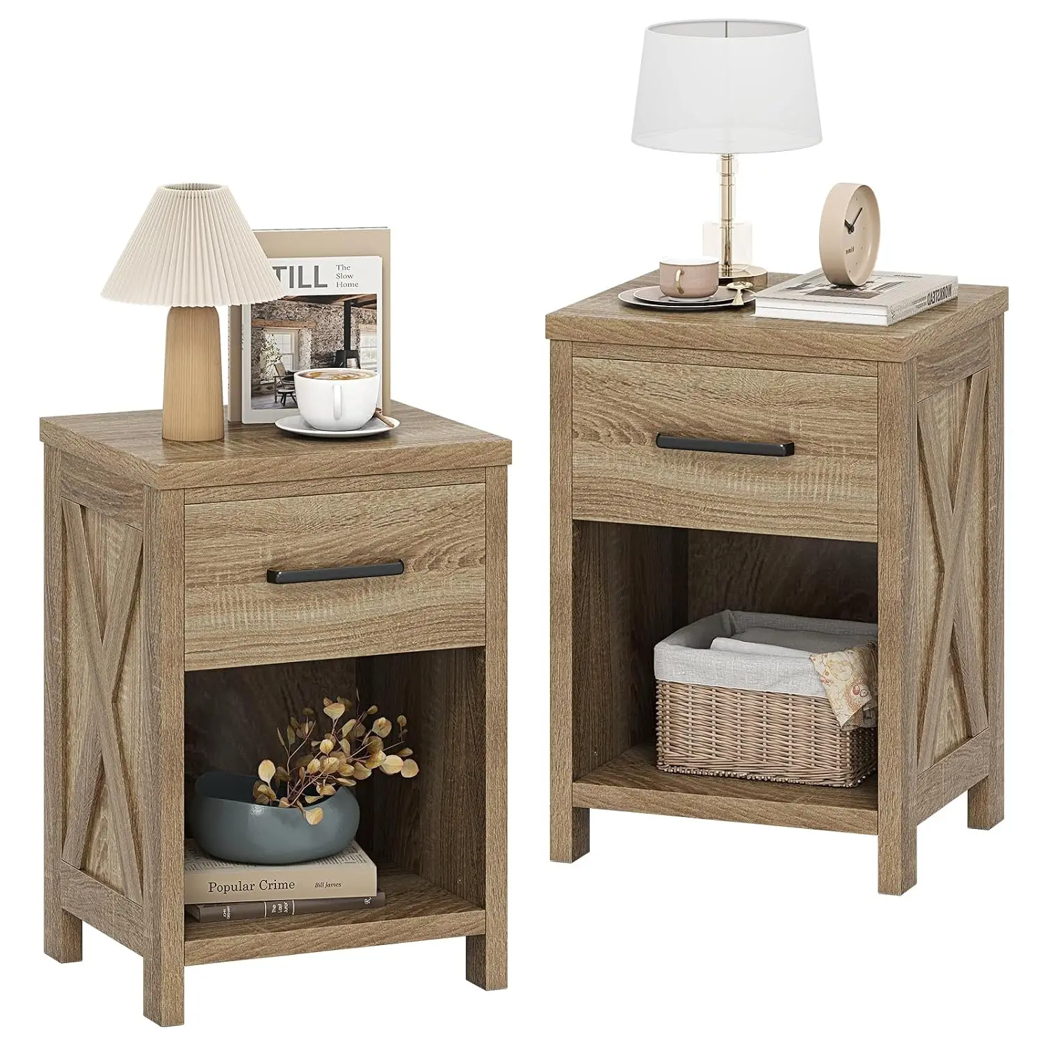 Farmhouse Nightstand Set Of 2 With Drawer Wooden Bedside Table Bedroom Furniture 24 Inch, Customized
