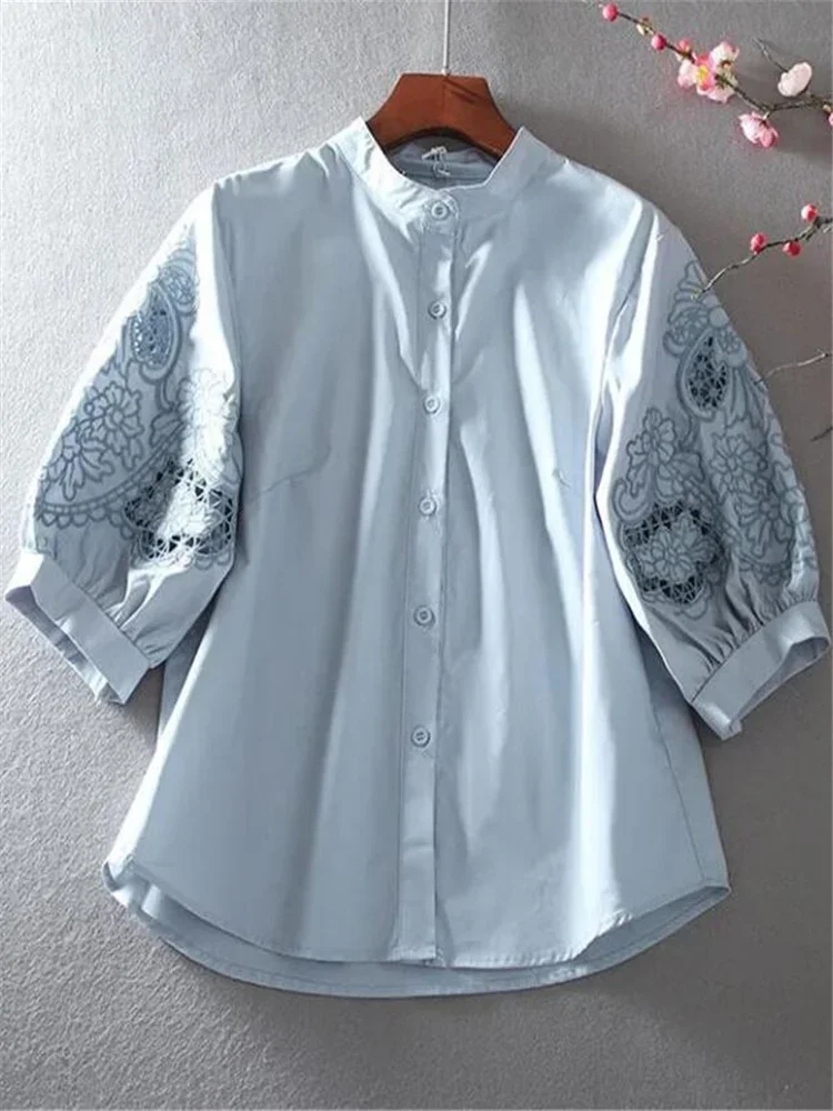 

Pure Cotton Embroidery Blouses for Women Shirt Half Sleeve Hollow Female Shirt Stand-up Collar Lantern Sleeve Blous Woman E225